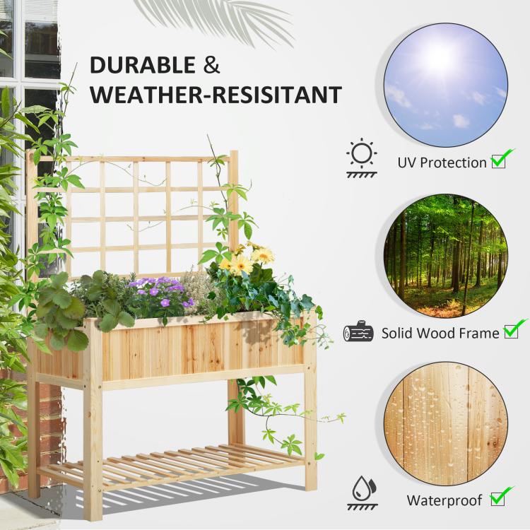 Wooden raised garden bed planter with trellis and potted plants outdoors