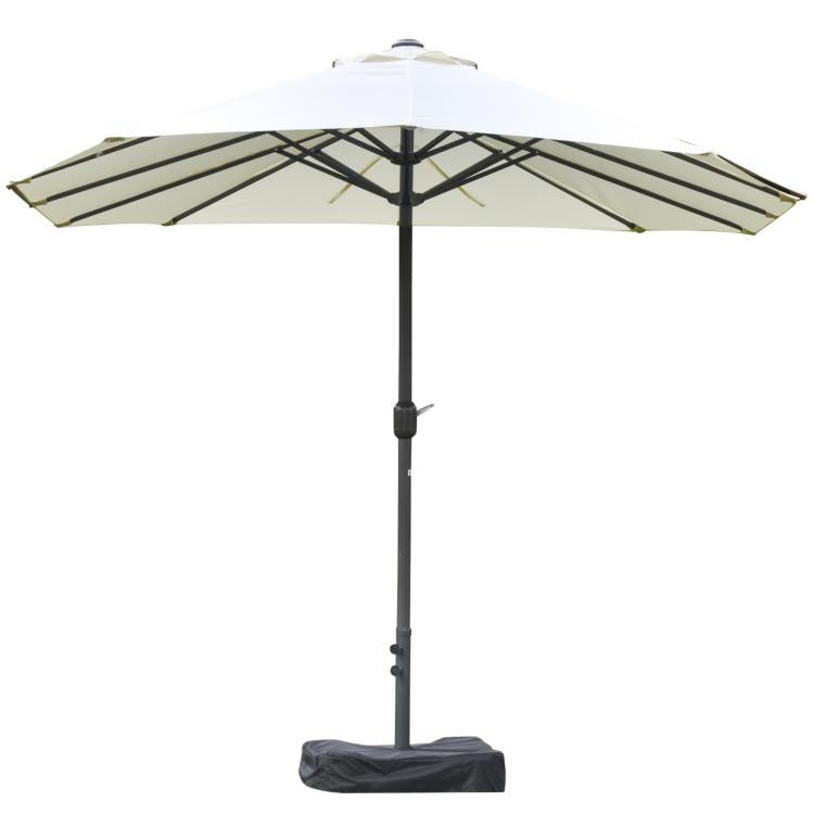Beige patio umbrella with open double canopy, central dark pole, and weighted base