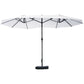 Light beige patio umbrella with crank pole and black ribs, open canopy