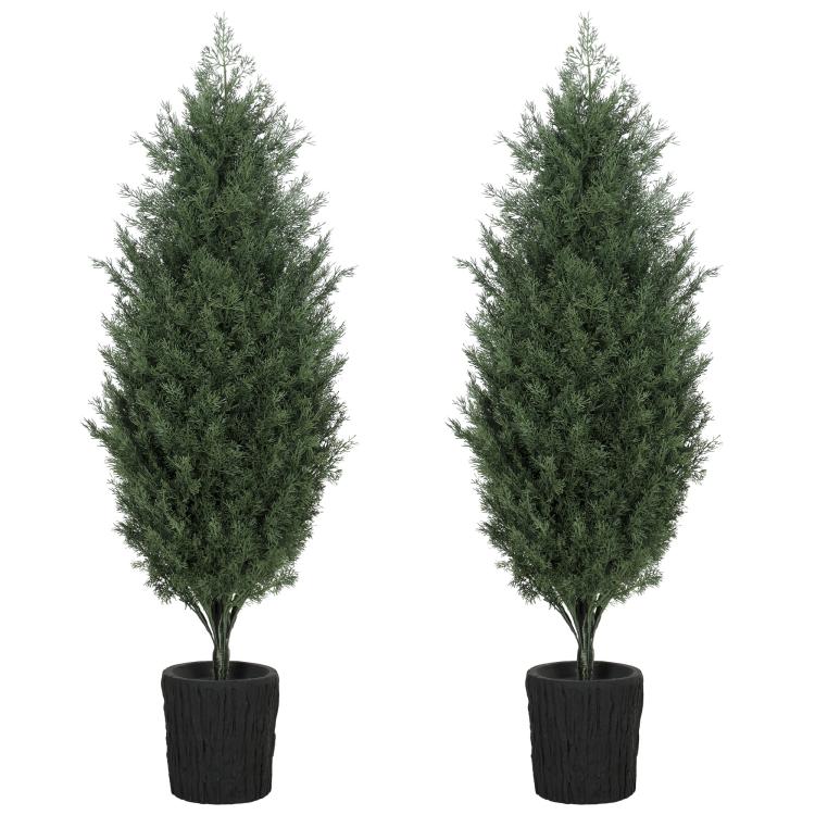 Set of 2 faux cedar mini trees with green branches in black textured pots