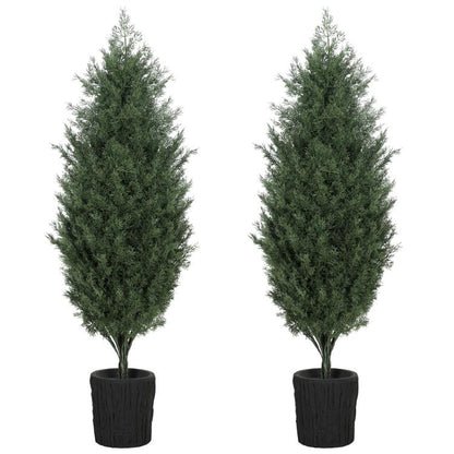 Set of 2 faux cedar mini trees with green branches in black textured pots