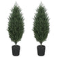 Two faux cedar mini trees with dense green foliage in black textured planters