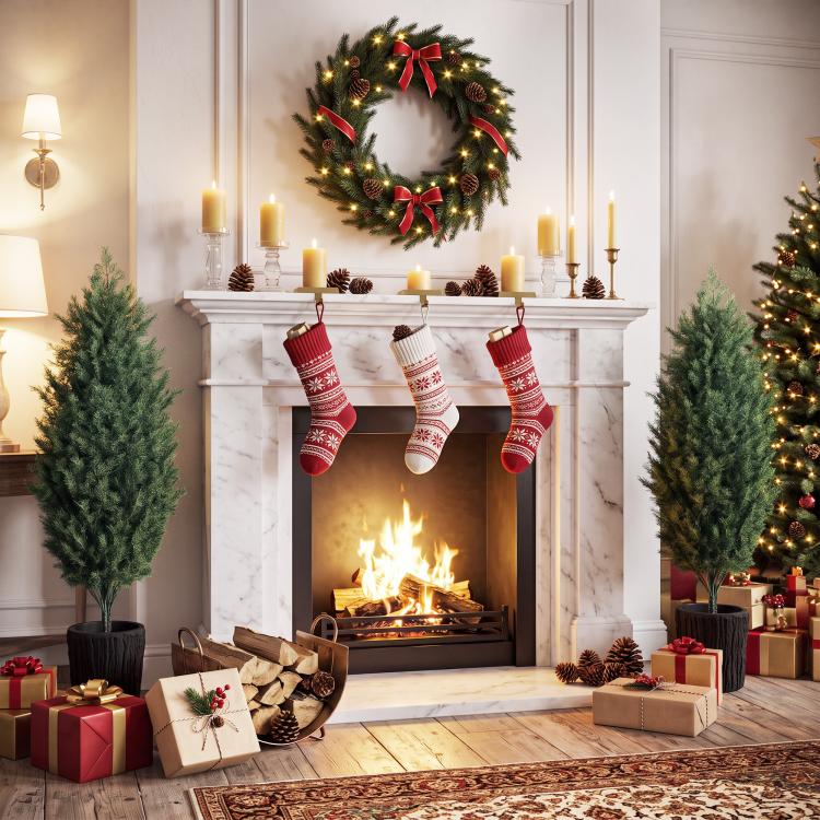 Set of 2 slim faux cedar Christmas trees in black pots