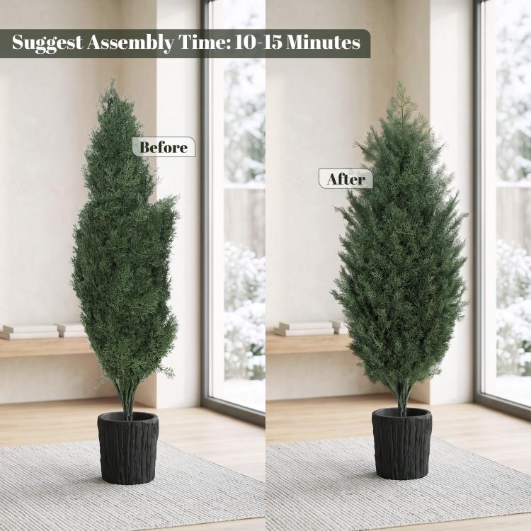 Two faux cedar trees in black textured pots shown before and after