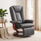 Dark gray recliner chair with extended footrest and high back, manual swivel base