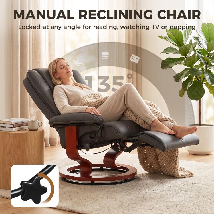 Dark gray manual recliner chair with lifted footrest and padded headrest