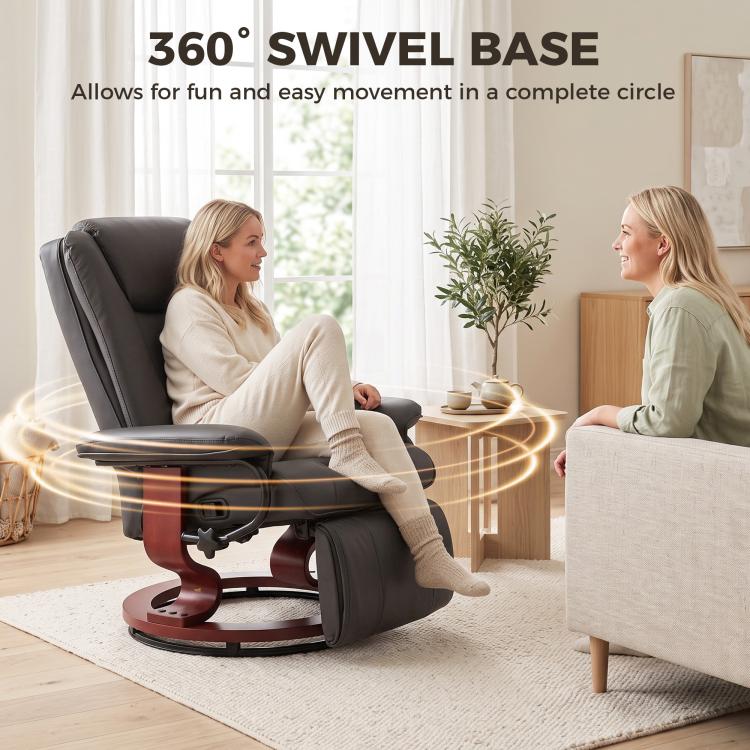 Dark gray manual swivel recliner with circular wooden base for easy turning