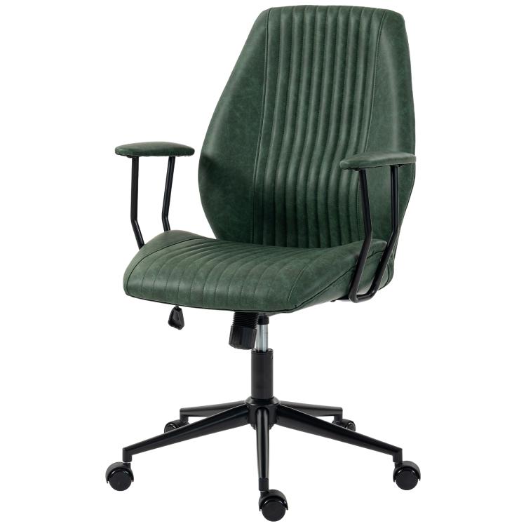 Green mid-back swivel office chair with padded seat, ribbed back, and armrests