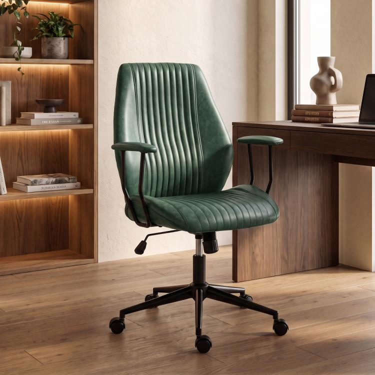 Green mid-back office desk chair, PU leather, ribbed upholstery, armrests, rolling base