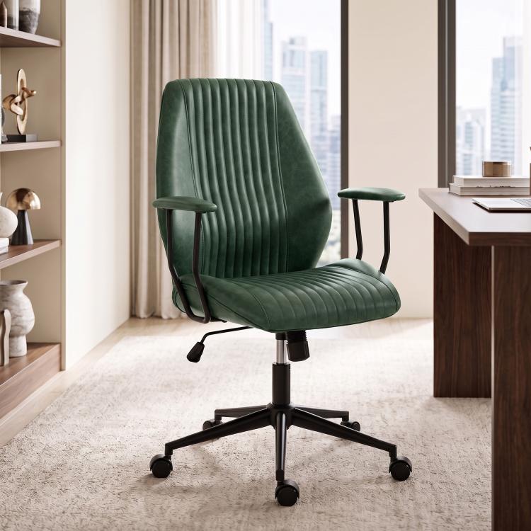 Green mid-back office chair with wide backrest, armrests, and five-wheel swivel base