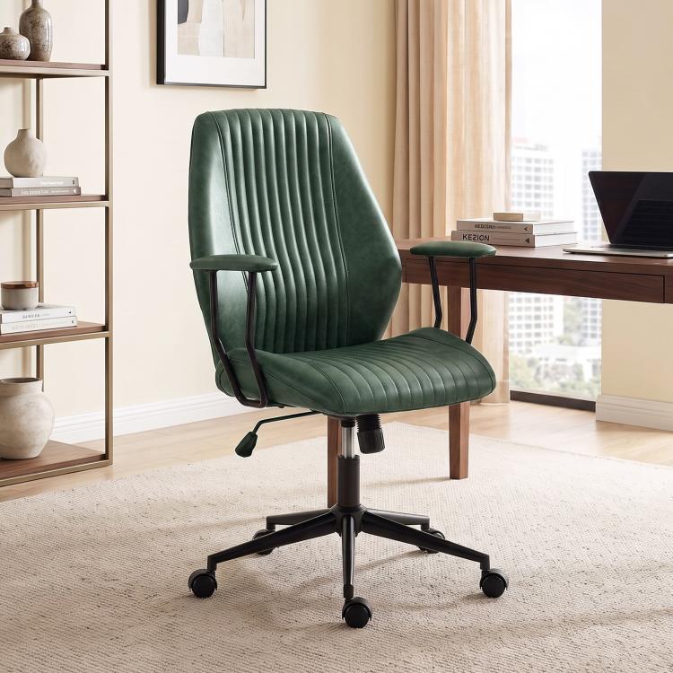 Green mid-back task chair with ribbed backrest, padded armrests, and black swivel base