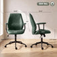 Green mid-back office chair with two angles shown, including seat and height diagram