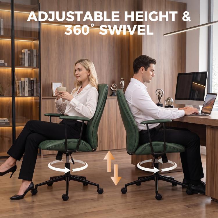 Green office chair shown with adjustable height and 360° swivel diagram