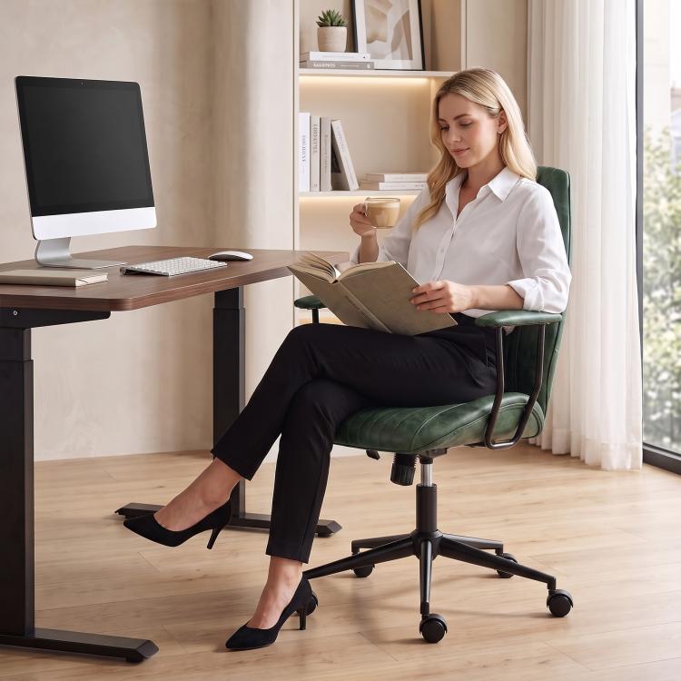 Green mid-back office chair with curved armrests and five-wheel swivel base in use