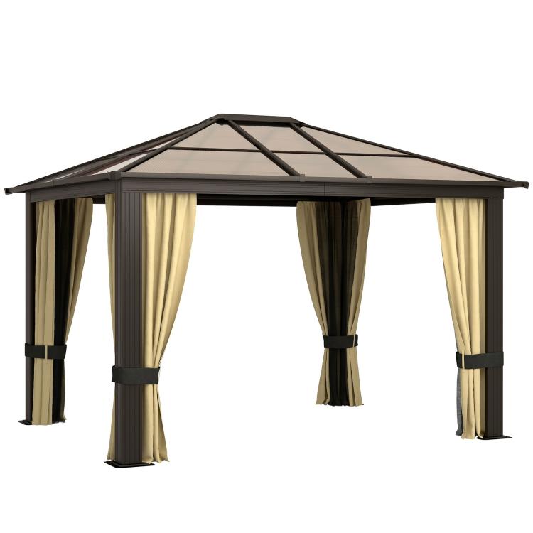 Black and beige hardtop gazebo canopy with hanging curtains, open sides