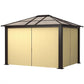 Hardtop gazebo with black frame and beige side panels, closed walls view