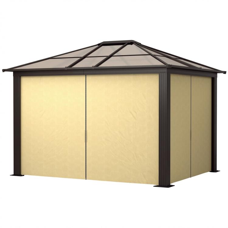 Hardtop gazebo with black frame and beige side panels, closed walls view