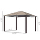 Black and beige hardtop gazebo canopy with roof and four corner posts, dimensions