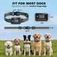 Dog training collar set with patterned strap, receiver display, and size guide layout