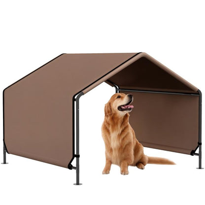 Brown portable dog shade shelter tent with open front and black metal frame, raised legs