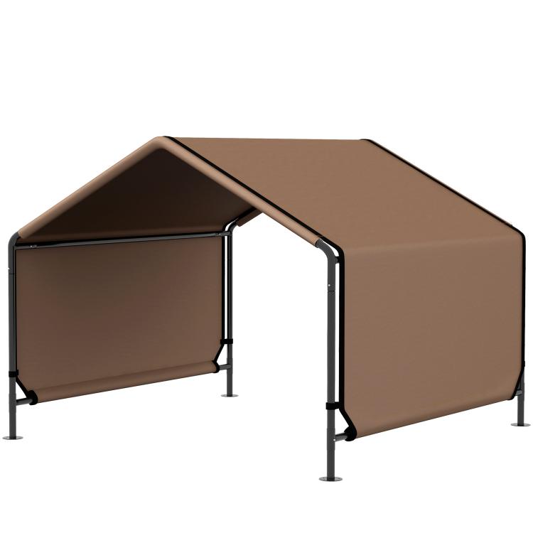 Brown portable dog shelter tent with open entry, arched roof, black metal legs