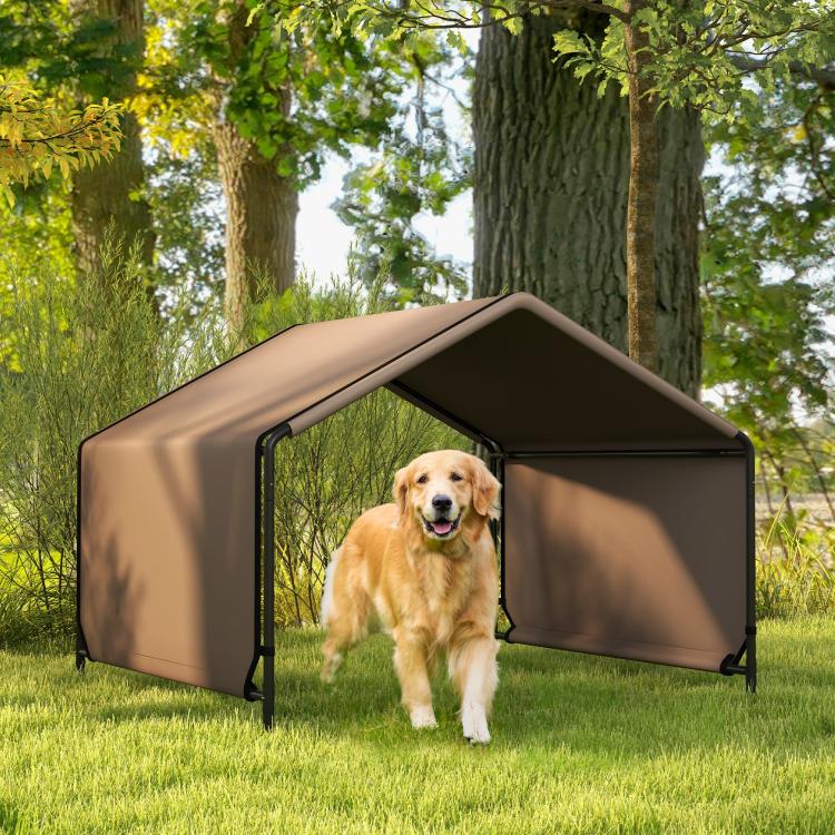Brown dog shade shelter tent with open front, metal frame on outdoor grass