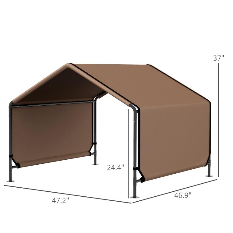 Brown portable dog shelter tent with size diagram, open front and black support legs