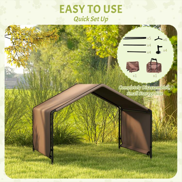 Portable dog shelter tent with quick setup infographic overlay and storage size icon