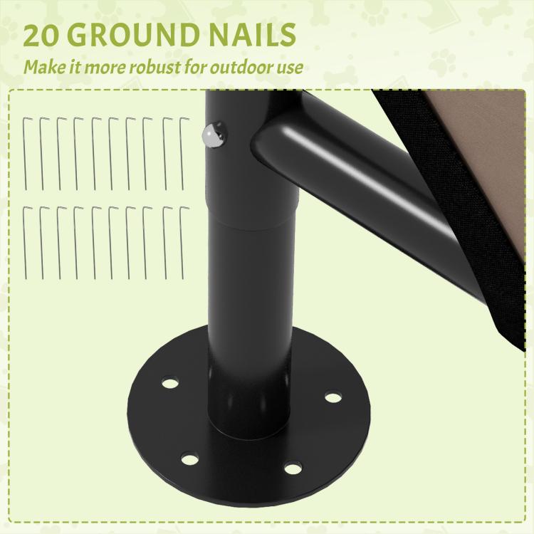 Outdoor dog shelter ground nail detail infographic with stakes and round base plate