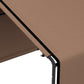 Close-up of brown shelter tent roof edge with black metal corner and leg support