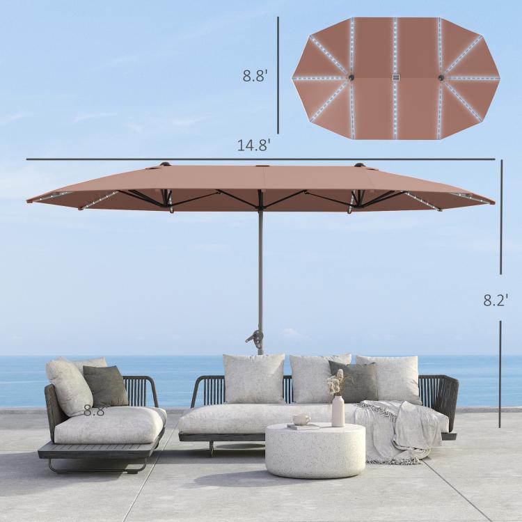 Large tan patio umbrella with LED lights and center pole, open canopy