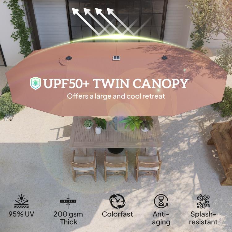 Tan patio umbrella open canopy with LED lighting and twin-canopy style