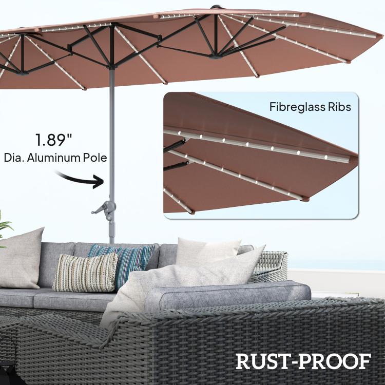 Tan patio umbrella close-up of canopy ribs with built-in LED lights