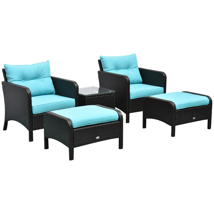 Wicker lounge chair set: two chairs plus two ottomans with turquoise cushions, dark frame