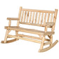 Two-person natural wood rocking chair loveseat with curved rockers and armrests