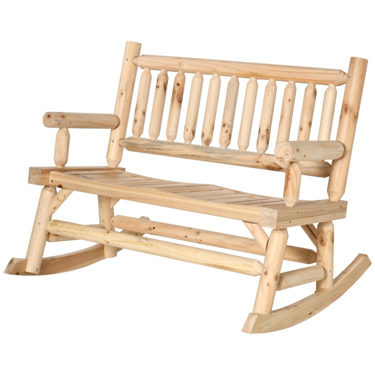 Two-person natural wood rocking chair loveseat with curved rockers and armrests