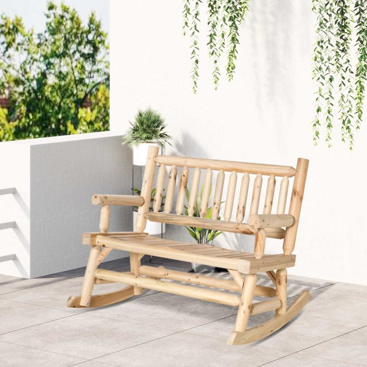 Natural wood rocking loveseat with slatted backrest and bench-style seat