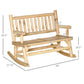 Natural wood rocking loveseat showing overall measurements and slatted seat