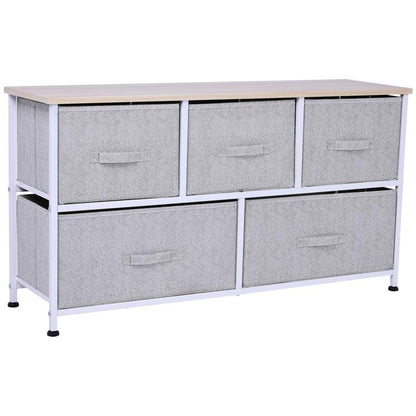 Light gray fabric drawer storage dresser with 5 bins and wood top, white frame.