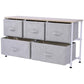 Light gray 5-bin storage dresser with wood top, angled view, white frame.