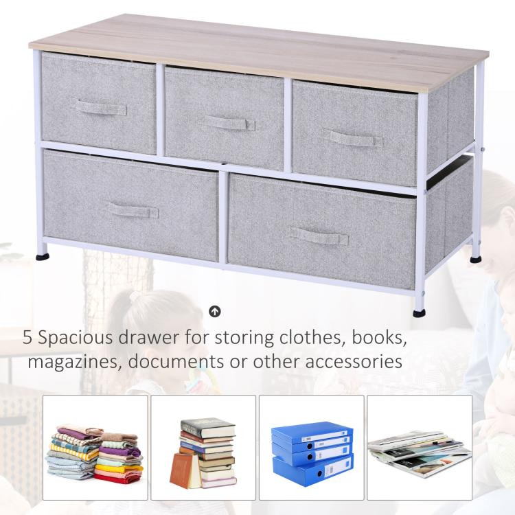 Light gray fabric drawer dresser with wood top, 5 storage bins, white frame.