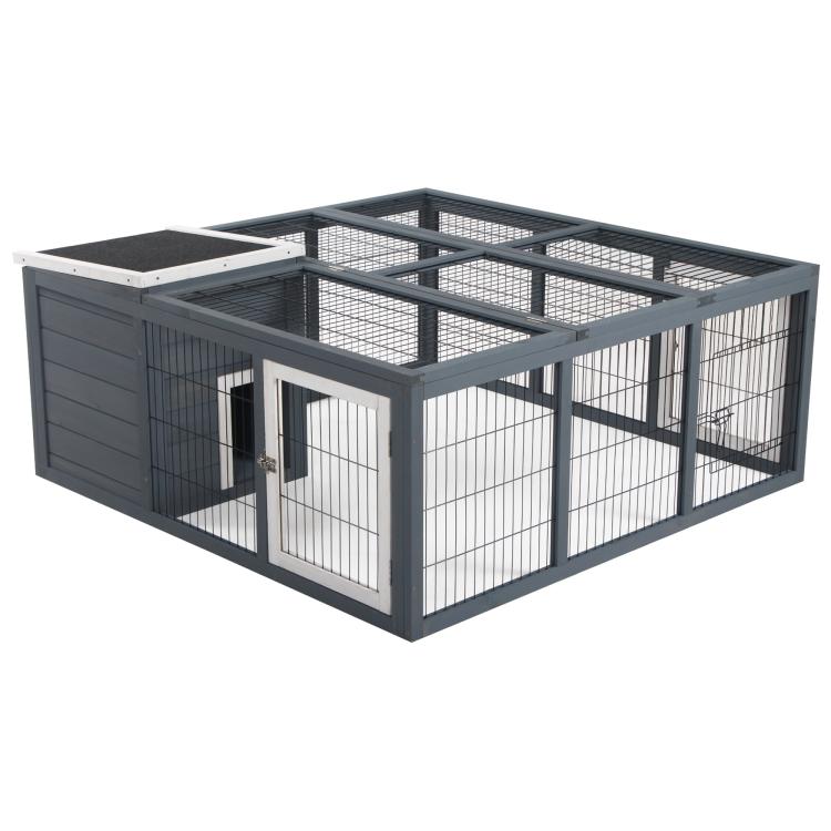 Gray metal rabbit hutch with wire mesh panels and hinged front door
