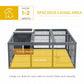 Gray wire rabbit hutch with open roof panels and spacious interior area