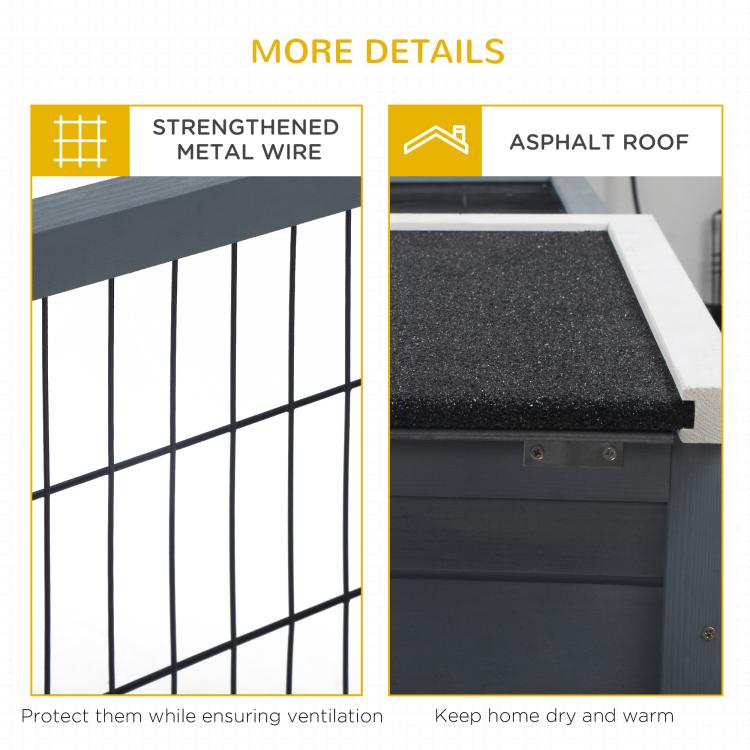 Gray rabbit hutch: strengthened metal wire mesh and asphalt roof panel