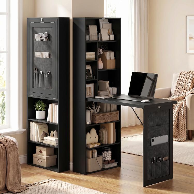 Black foldable writing table with open shelves and desk surface, shown in room setting