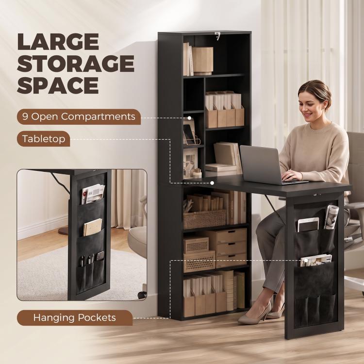 Black wall-mounted foldable writing table with open compartments and hanging pocket storage