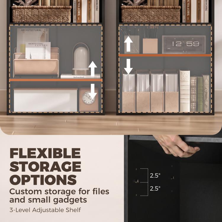 Black shelving interior inside foldable writing table with multi-level storage space