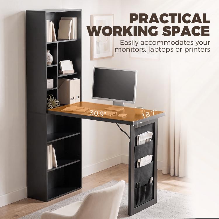 Black foldable writing table with built-in shelves for monitors or laptops, practical workspace
