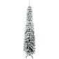 Snow-frosted slim pencil artificial Christmas tree on black folding stand, side view