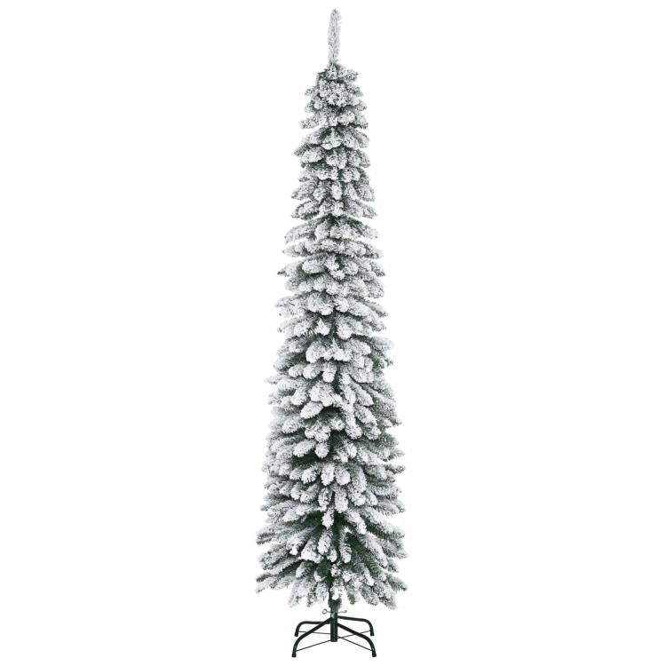 Slim artificial Christmas tree with snow-frosted branches and metal stand